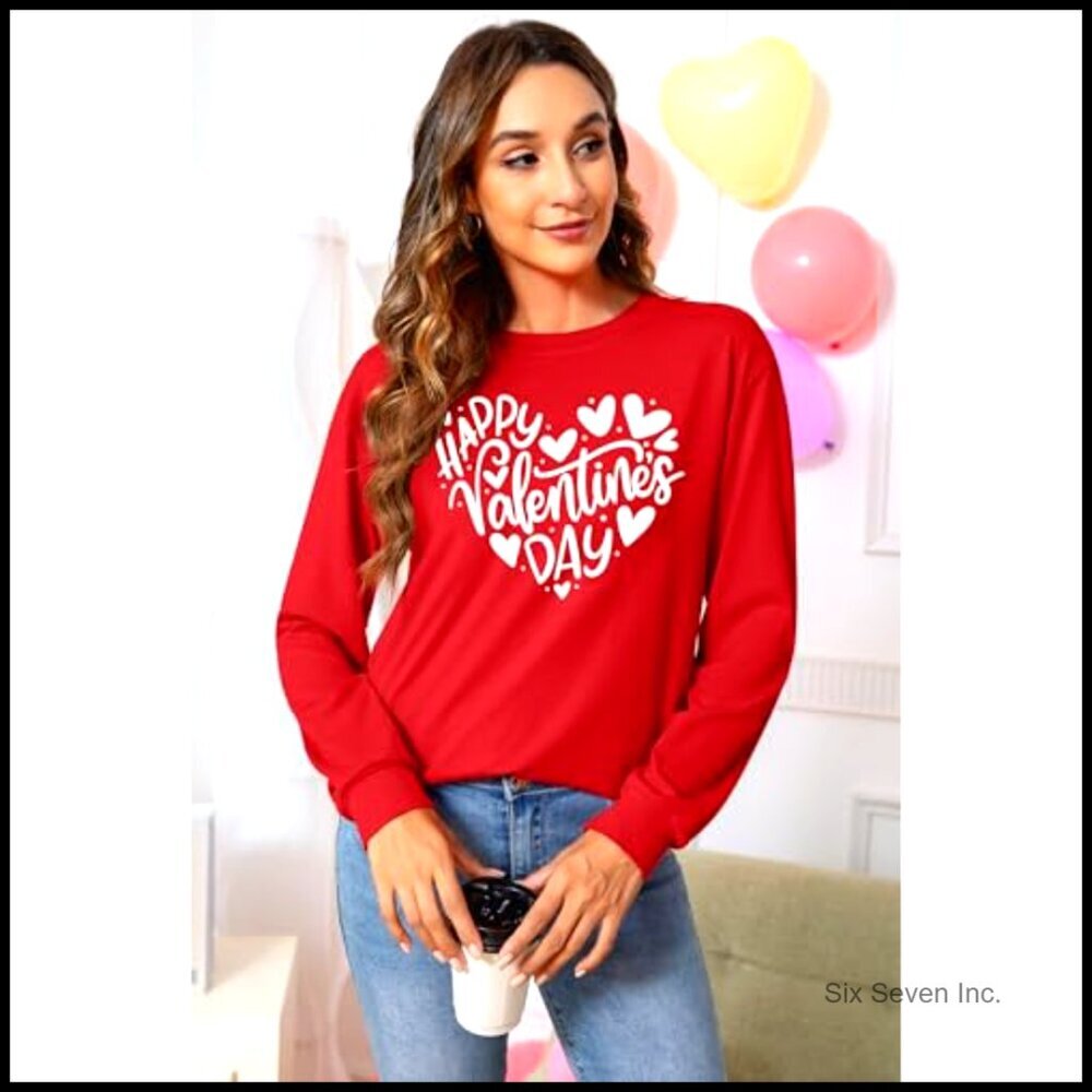 Long Sleeve Love Heart Graphic Tee Cute Valentine's Day Tops Loose Fit - Picture 3 of 6